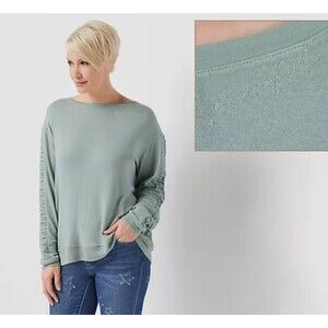 Peace Love World Comfy Top with Ruched Sleeve Detail  - Aqua Verde Size Medium